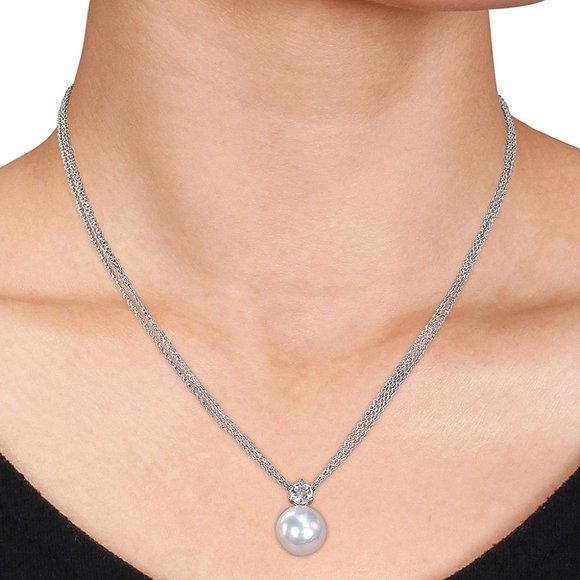 New Gorgeous 925 Silver Cultured Pearl White Topaz Mesh-Chain Pendant Necklace - Picture 2 of 5